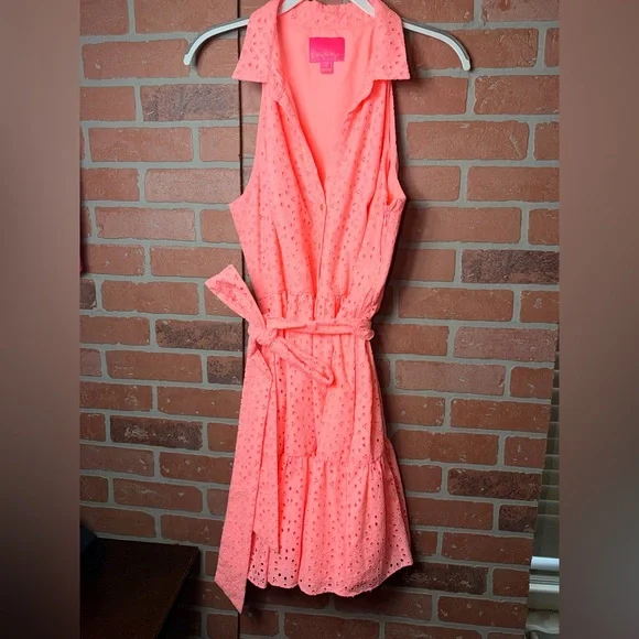 Lilly Pulitzer Trisha Eyelet Shirtdress in Neon Sunburst - Picture 2 of 8